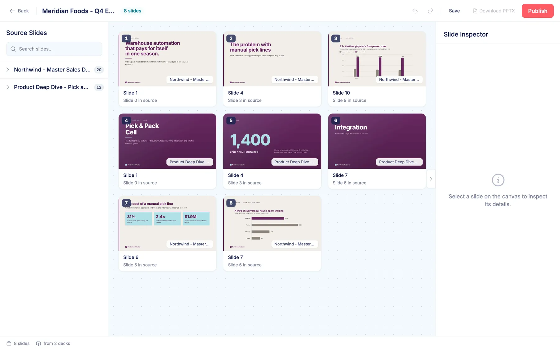 Deck Composer with source slides panel and drag-to-reorder canvas